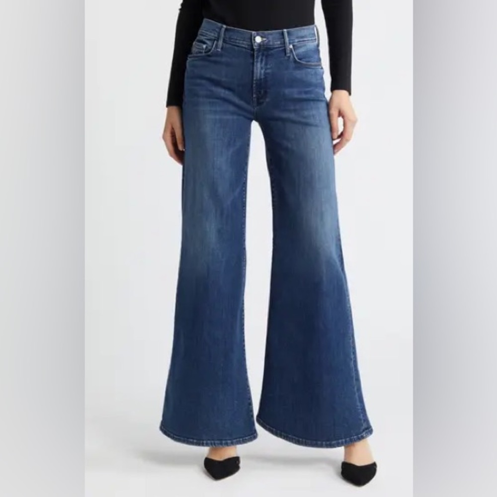 MOTHER Wide Leg Flare Jeans in Classic Blue Denim